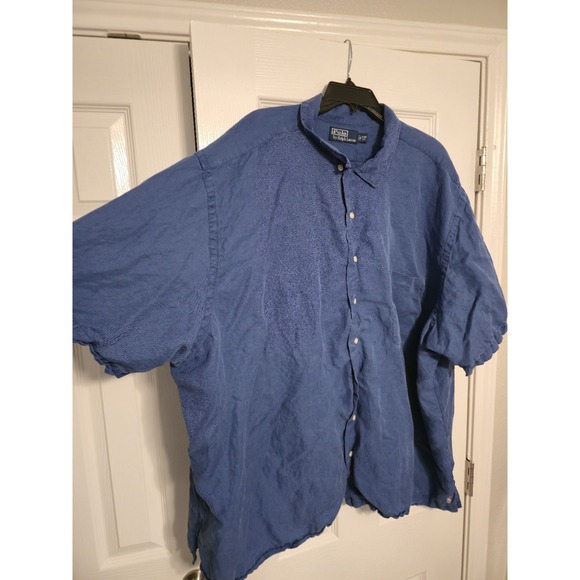 Polo Ralph Lauren Shirt Mens 4XB Blue Linen Silk Button Down Short Sleeve Pony - Picture 4 of 9